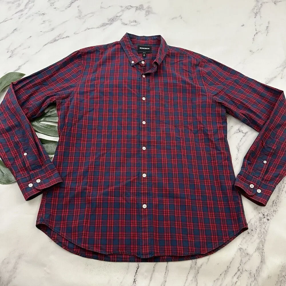 Bonobos Mens Button Up Shirt Size XL Red Blue Plaid Silm Fit Long Sleeve - Picture 1 of 12